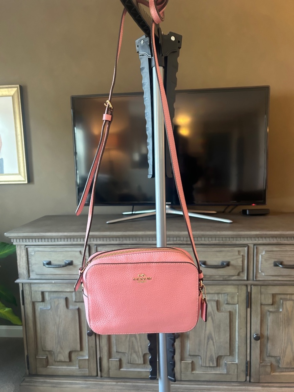 Coach Coral Pink Pebbled Leather Crossbody with Gold Hardware